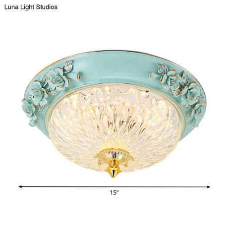 Retro Style Led Flush Ceiling Lamp In Blue For Dining Room - Bowl Up Design Clear Glass 11’/15’ W
