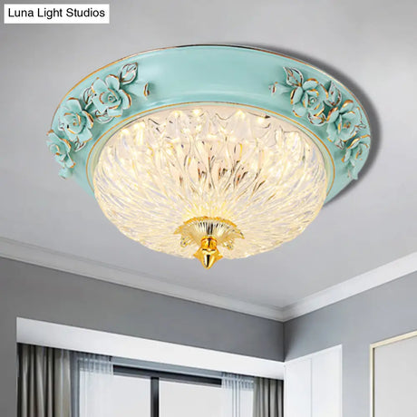 Retro Style Led Flush Ceiling Lamp In Blue For Dining Room - Bowl Up Design Clear Glass 11’/15’ W