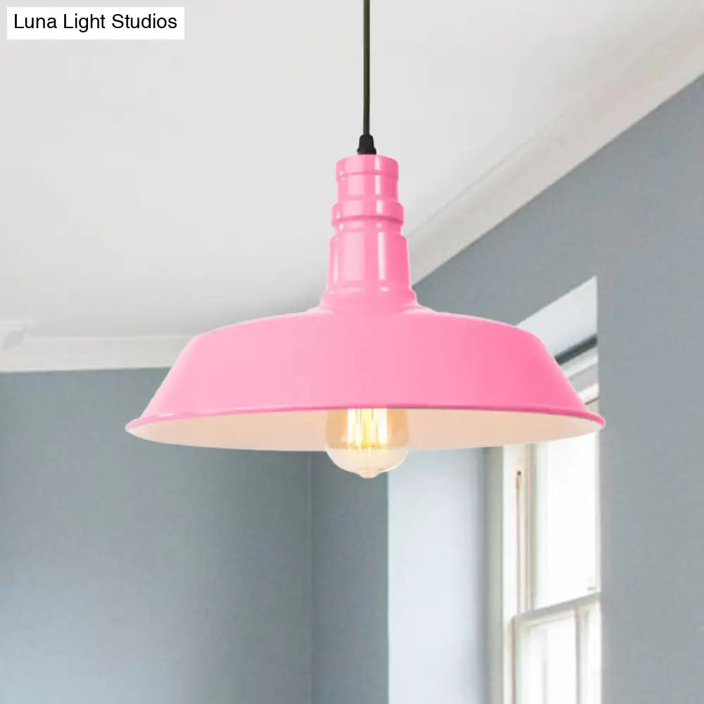 Retro Style Metal Barn Shade Hanging Lamp - 1 Bulb Ceiling Pendant In Pink/Yellow Multiple Diameter