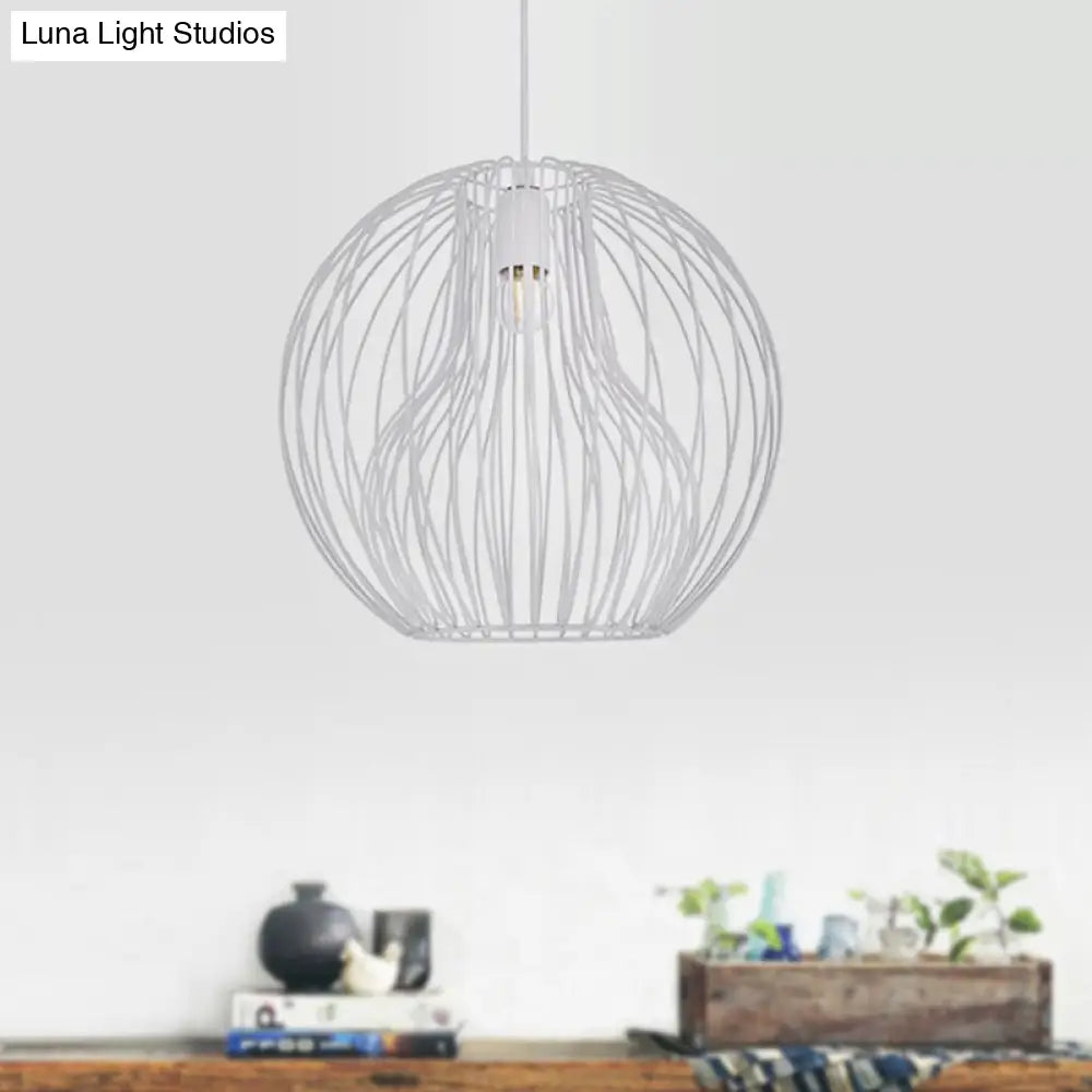 Retro Style Metal Hanging Lamp - Black/White Pendant Light For Dining Room With Cage Shade