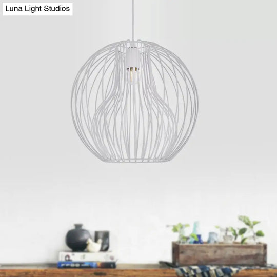 Retro Style Metal Hanging Lamp - Black/White Pendant Light For Dining Room With Cage Shade