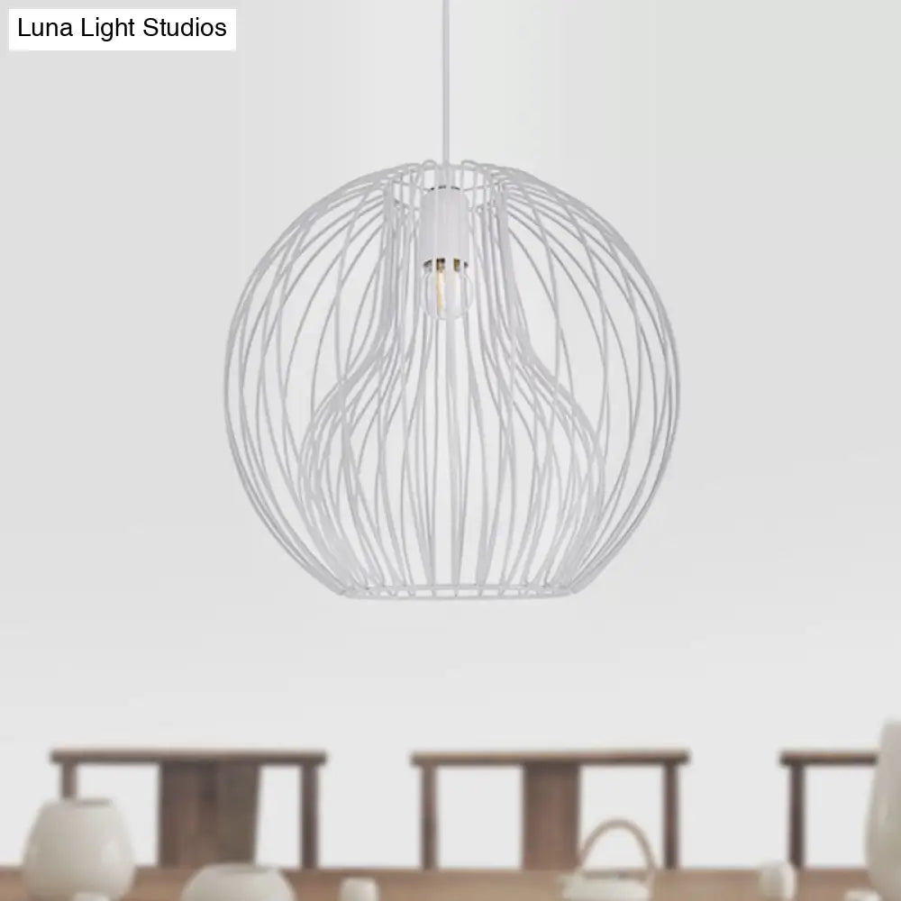 Retro Style Metal Hanging Lamp - Black/White Pendant Light For Dining Room With Cage Shade