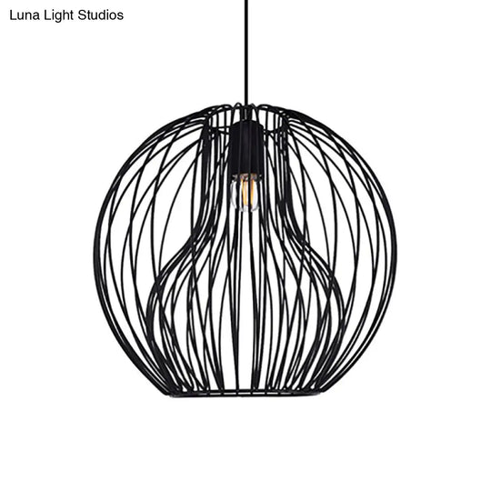 Retro Style Metal Hanging Lamp - Black/White Pendant Light For Dining Room With Cage Shade