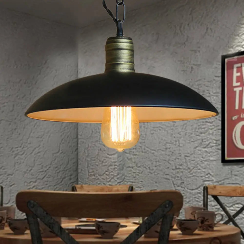 Retro Style Metallic Black Ceiling Light With Bowl Shade And Hanging Chain - 10’/12.5’ W 1 Bulb