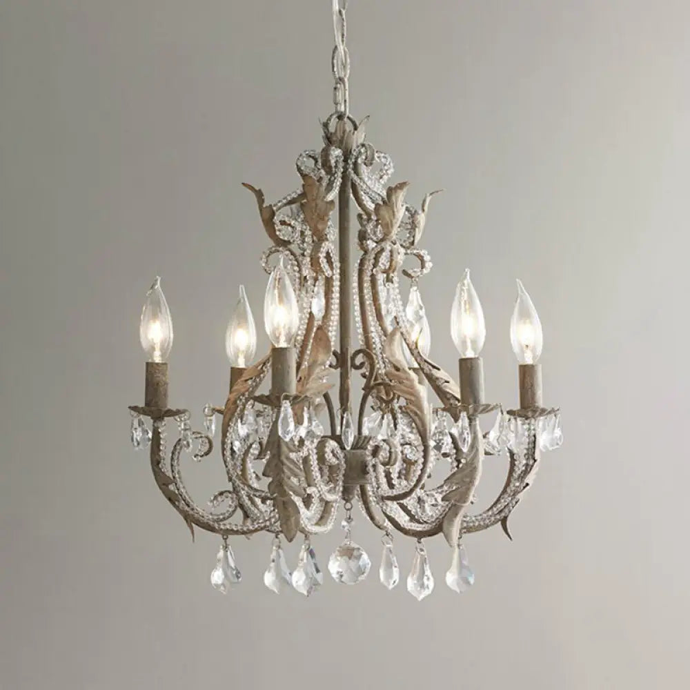 Retro Style Metallic Chandelier With Crystal Beaded Arms - 6 Bulb Suspension Light Grey