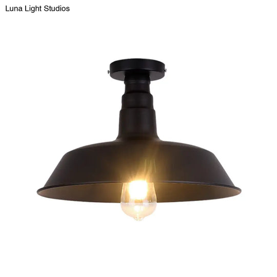 Retro Style Metallic Shaded Flush Mount Ceiling Light - Single Bulb Semi In Black / Large C