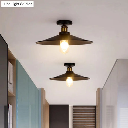Retro Style Metallic Shaded Flush Mount Ceiling Light - Single Bulb Semi In Black