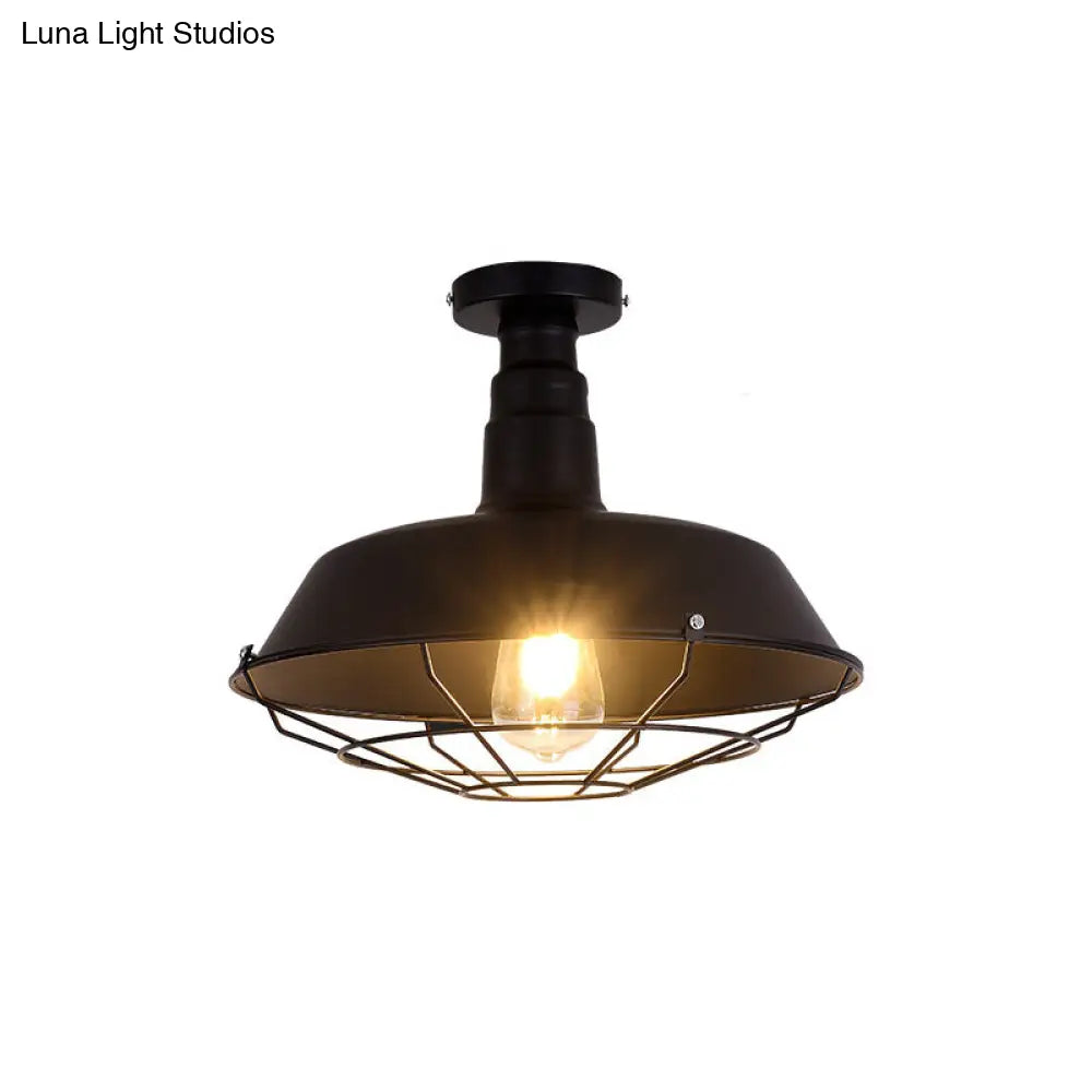 Retro Style Metallic Shaded Flush Mount Ceiling Light - Single Bulb Semi In Black / Small D