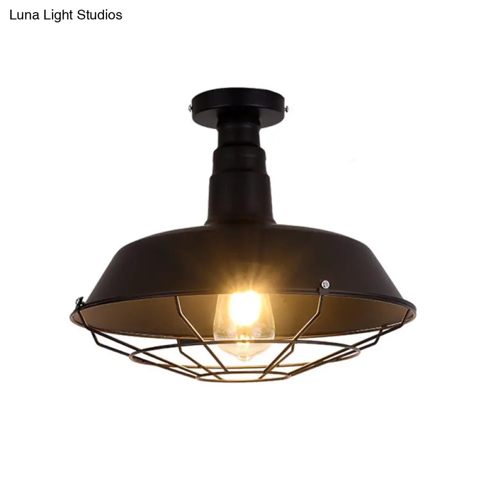 Retro Style Metallic Shaded Flush Mount Ceiling Light - Single Bulb Semi In Black / Large D