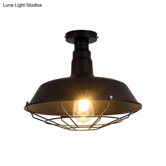 Retro Style Metallic Shaded Flush Mount Ceiling Light - Single Bulb Semi In Black / Large D