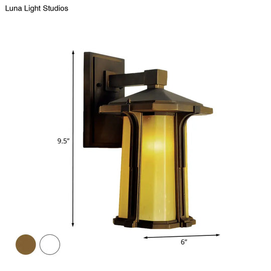 Retro-Style Outdoor Wall Mounted Glass Lantern Sconce - Single Head Light Fixture (Tan/White)