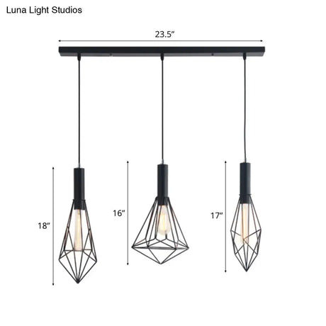 Retro Style Polygon Ceiling Light With Cage Shade - 3 Lights Black Metallic