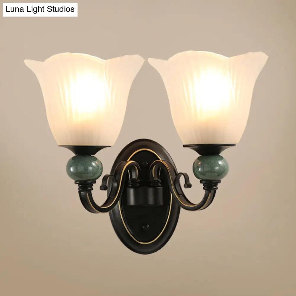 Retro Style Ribbed Glass Floral Wall Lighting In Black For Living Room Mount