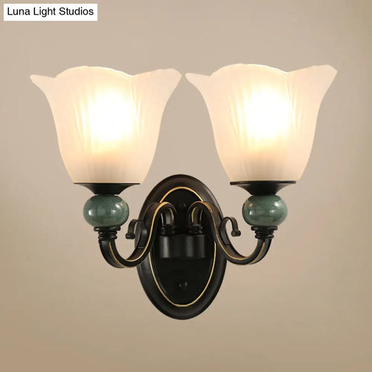 Retro Style Ribbed Glass Floral Wall Lighting In Black For Living Room Mount