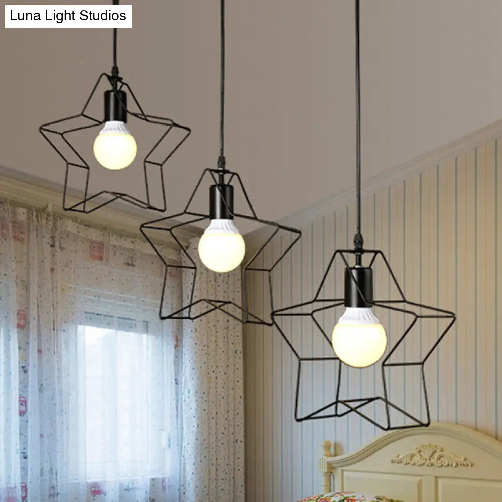 Retro Style Star Pendant Light - 3 Heads Metallic Hanging Fixture With Wire Guard In Black For