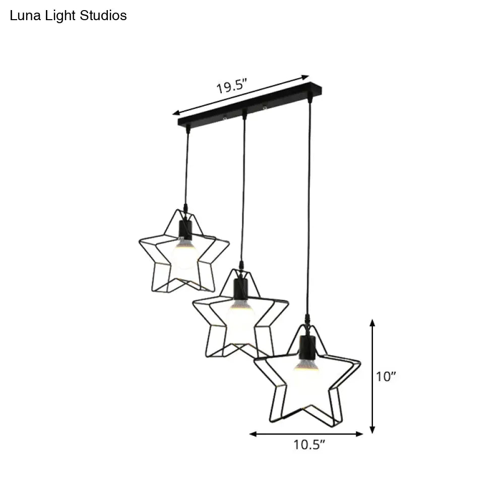 Retro Style Star Pendant Light With Wire Guard Perfect For Coffee Shops - Black Metal Finish 3 Heads