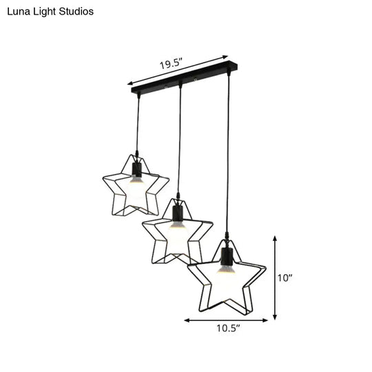 Retro Style Star Pendant Light - 3 Heads Metallic Hanging Fixture With Wire Guard In Black For