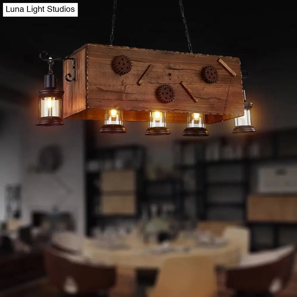 Retro Style 5-Light Kitchen Chandelier: Rectangle Design With Light Wood And Metal Lantern Shade