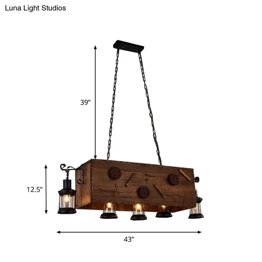 Retro Style 5-Light Kitchen Chandelier: Rectangle Design With Light Wood And Metal Lantern Shade