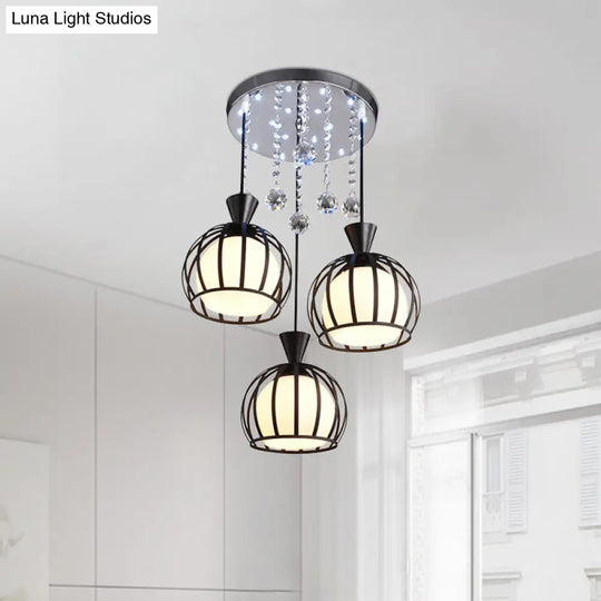 Retro Stylish Domed Cage Hanging Lamp - 3 Metal Pendant Lights With Clear Crystal Ball Deco In