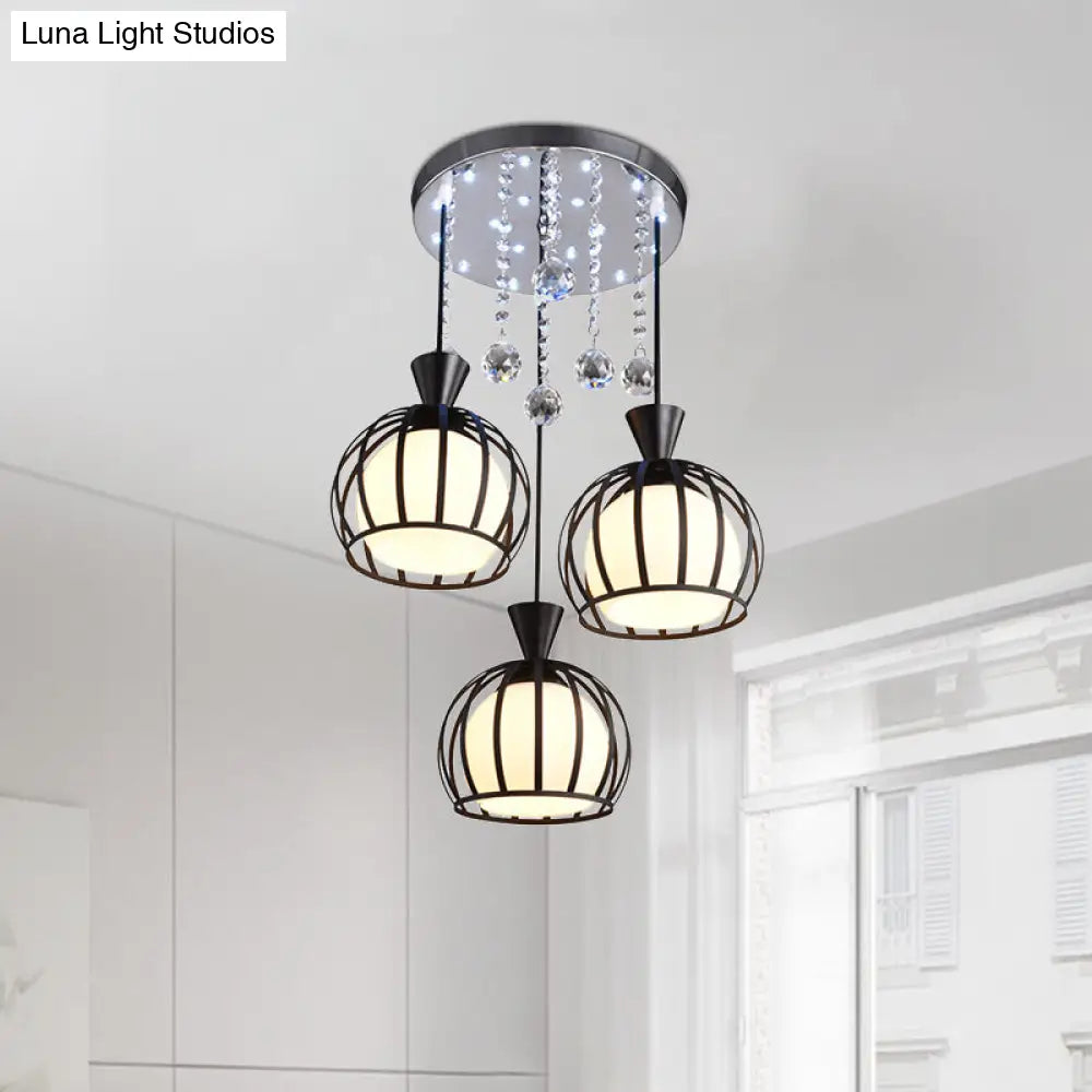 Retro Domed Cage Pendant Light With Clear Crystal Ball Deco - Stylish Metal Hanging Lamp (3 Lights)