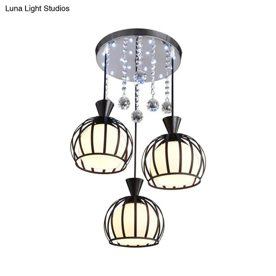 Retro Domed Cage Pendant Light With Clear Crystal Ball Deco - Stylish Metal Hanging Lamp (3 Lights)