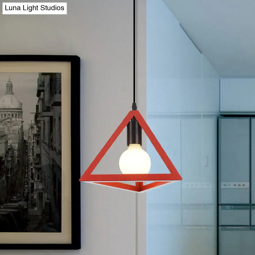 Retro Stylish Metal Hanging Lamp With Triangle Cage Shade - Red/Blue Pendant Lighting Fixture For