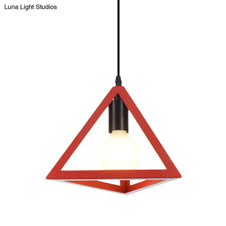 Retro Stylish Metal Hanging Lamp With Triangle Cage Shade - Red/Blue Pendant Lighting Fixture For