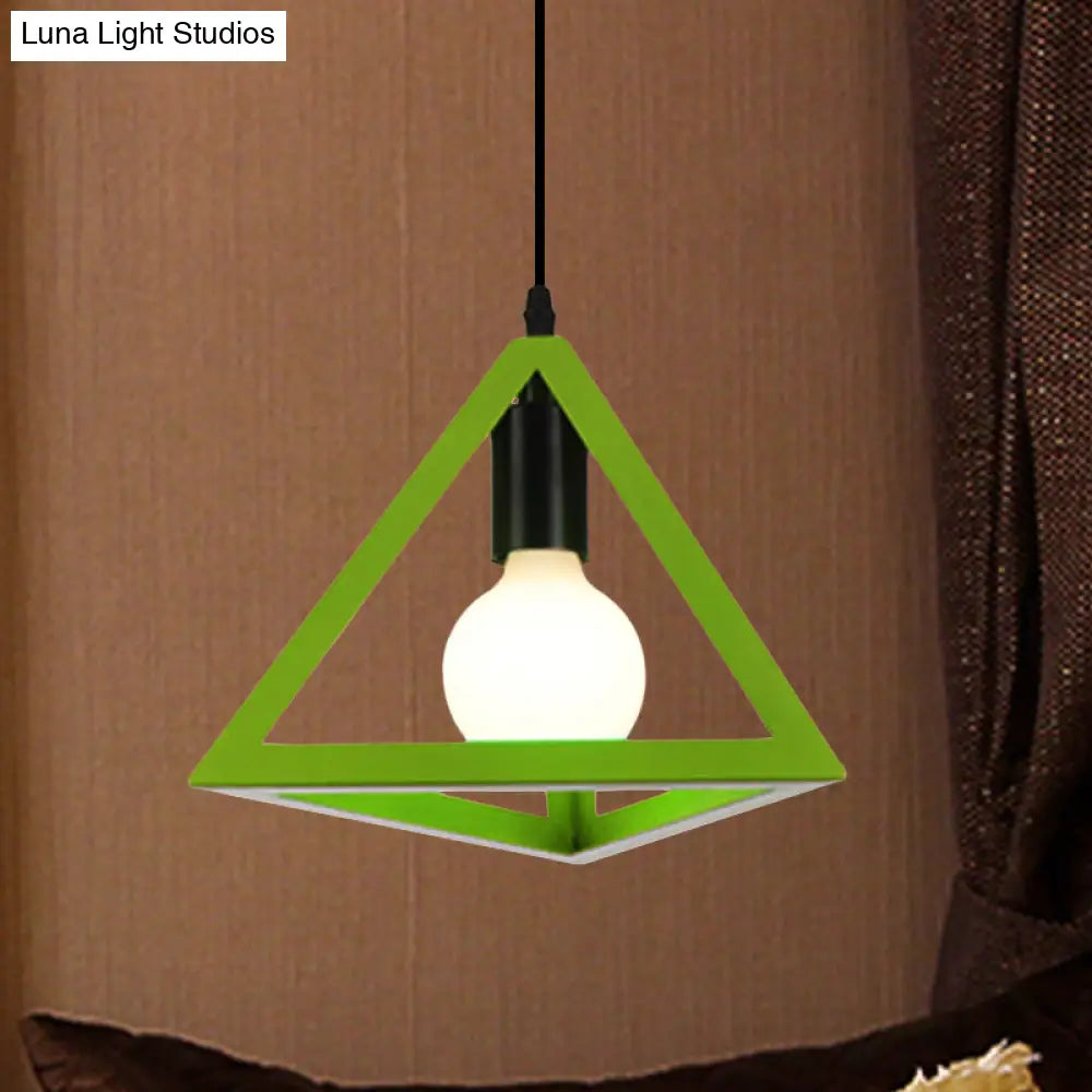 Retro Stylish Metal Hanging Lamp With Triangle Cage Shade - Red/Blue Pendant Lighting Fixture For