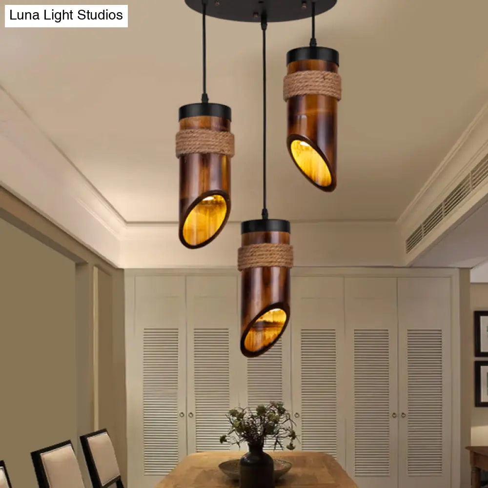 Retro Three-Light Bamboo Pendant Lamp In Brown Ideal For Dining Room
