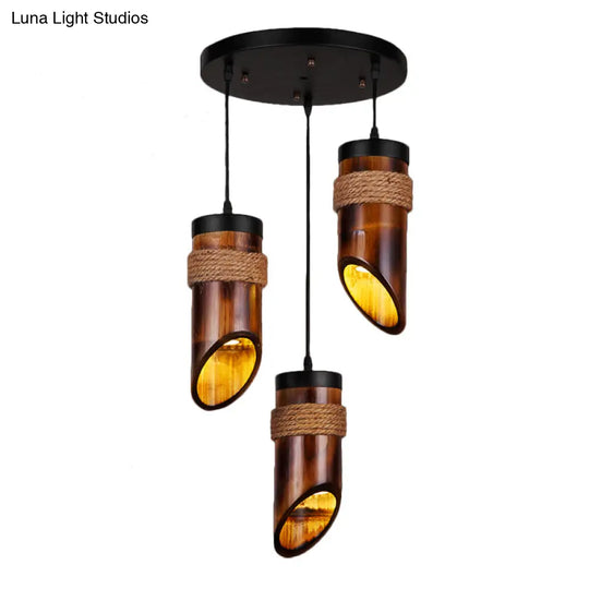 Retro Three-Light Bamboo Pendant Lamp In Brown Ideal For Dining Room