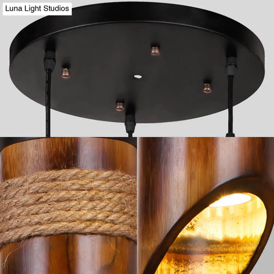 Retro Three-Light Bamboo Pendant Lamp In Brown Ideal For Dining Room