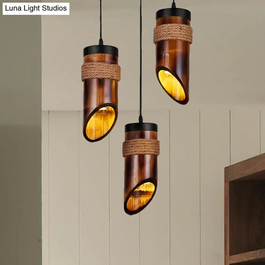 Retro Three-Light Bamboo Pendant Lamp In Brown Ideal For Dining Room