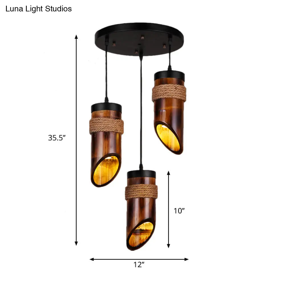 Retro Three-Light Bamboo Pendant Lamp In Brown Ideal For Dining Room