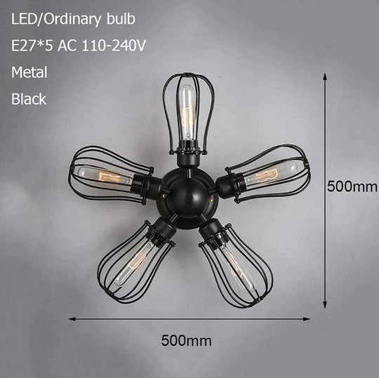 Retro Vintage Black 5 Lights Grln Ceiling E27 Lamp Fixtures For Home Bedroom/Living Room/Bar/Cafe