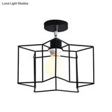Retro Vintage Metal Cylinder/Drum Cage Semi-Flush Ceiling Light - Black Semi Flush Fixture With