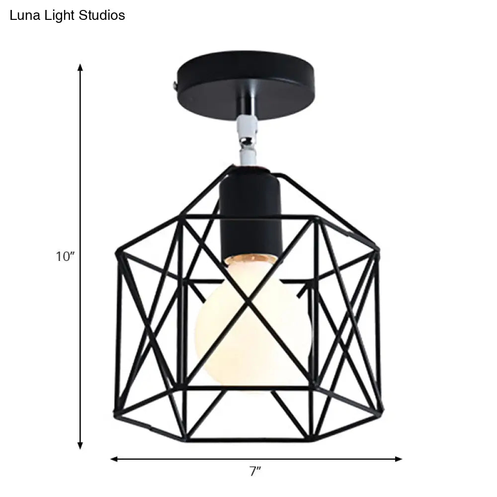 Retro Vintage Metal Cylinder/Drum Cage Semi-Flush Ceiling Light - Black Semi Flush Fixture With