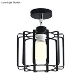 Retro Vintage Metal Cylinder/Drum Cage Semi-Flush Ceiling Light - Black Semi Flush Fixture With