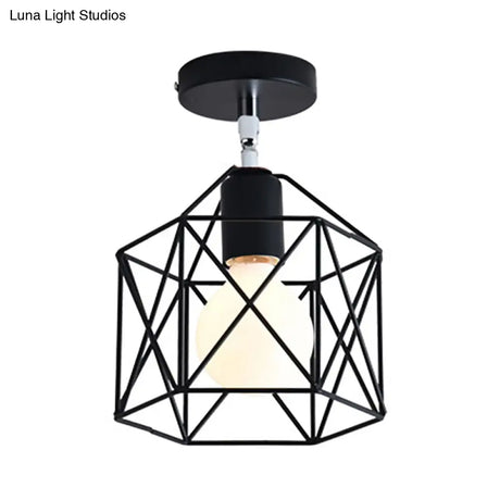 Retro Vintage Metal Cylinder/Drum Cage Semi-Flush Ceiling Light - Black Semi Flush Fixture With