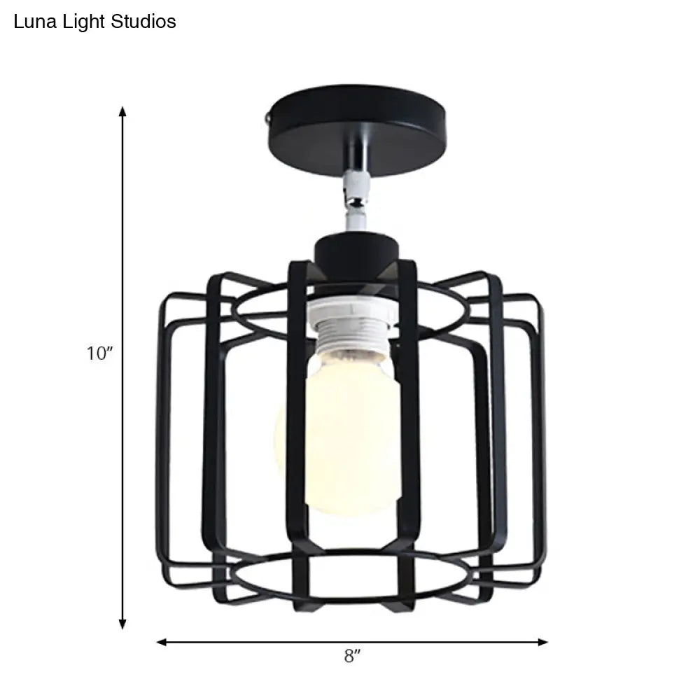 Retro Vintage Metal Cylinder/Drum Cage Semi-Flush Ceiling Light - Black Semi Flush Fixture With