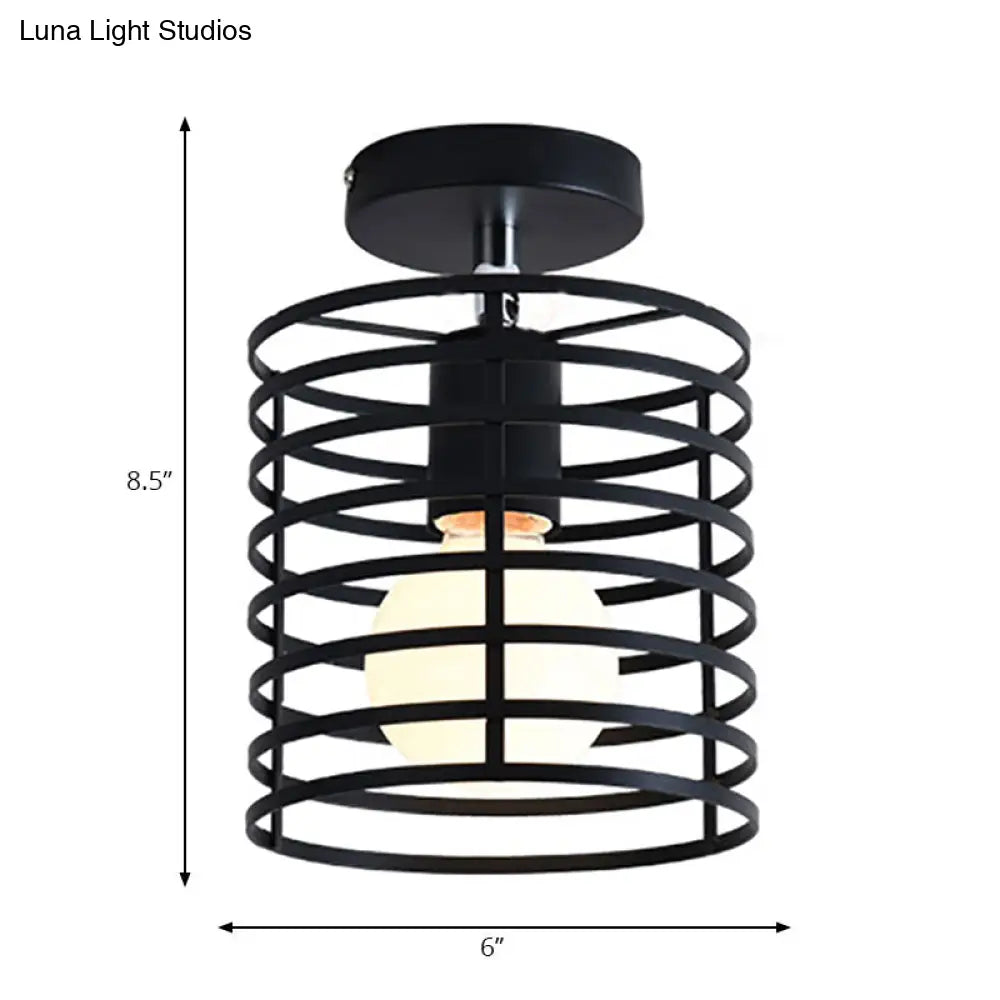 Retro Vintage Metal Cylinder/Drum Cage Semi-Flush Ceiling Light - Black Semi Flush Fixture With