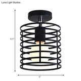Retro Vintage Metal Cylinder/Drum Cage Semi-Flush Ceiling Light - Black Semi Flush Fixture With