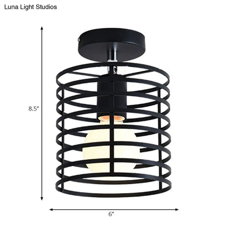 Retro Vintage Metal Cylinder/Drum Cage Semi-Flush Ceiling Light - Black Semi Flush Fixture With