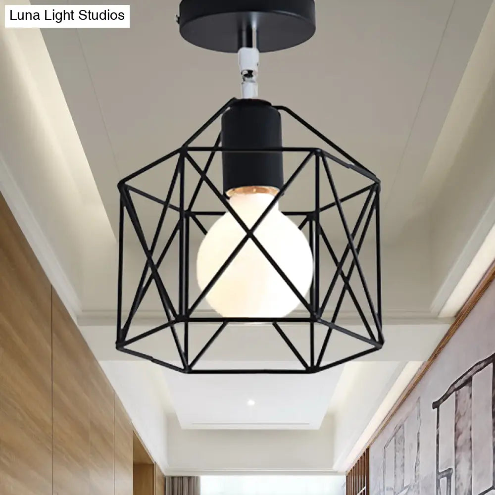 Retro Vintage Metal Cylinder/Drum Cage Semi-Flush Ceiling Light - Black Semi Flush Fixture With