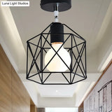Retro Vintage Metal Cylinder/Drum Cage Semi-Flush Ceiling Light - Black Semi Flush Fixture With