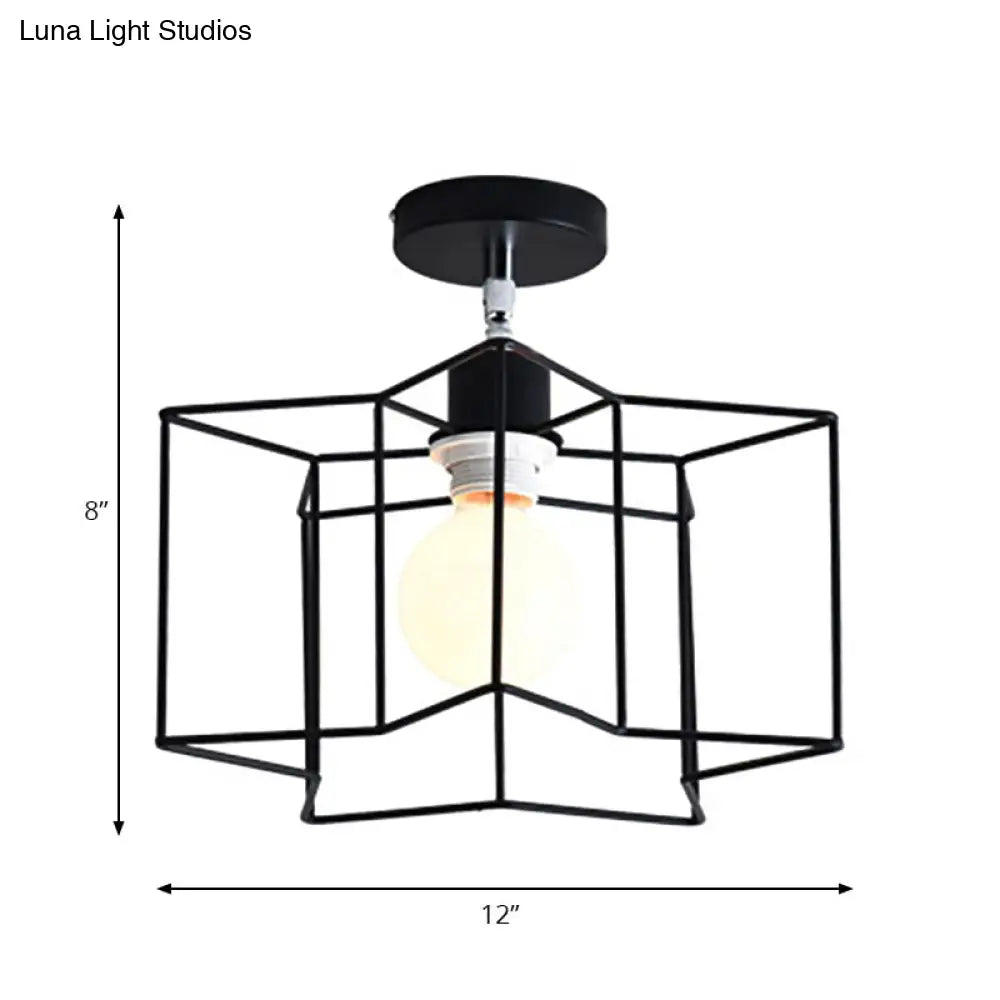 Retro Vintage Metal Cylinder/Drum Cage Semi-Flush Ceiling Light - Black Semi Flush Fixture With