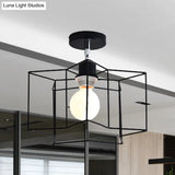 Retro Vintage Metal Cylinder/Drum Cage Semi-Flush Ceiling Light - Black Semi Flush Fixture With