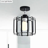 Retro Vintage Metal Cylinder/Drum Cage Semi-Flush Ceiling Light - Black Semi Flush Fixture With