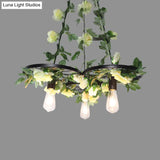 Retro Wheel Iron Chandelier Pendant Light With Plant Decor - Black 3/6 Heads