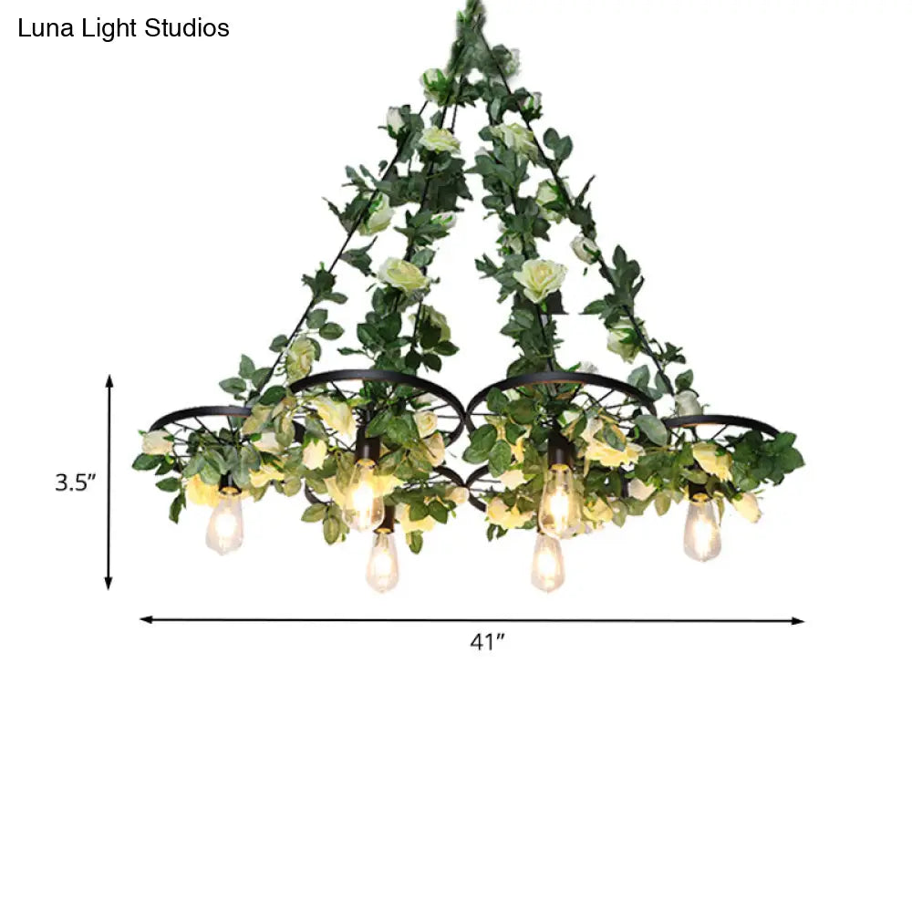 Retro Wheel Iron Chandelier Pendant Light With Plant Decor - Black 3/6 Heads